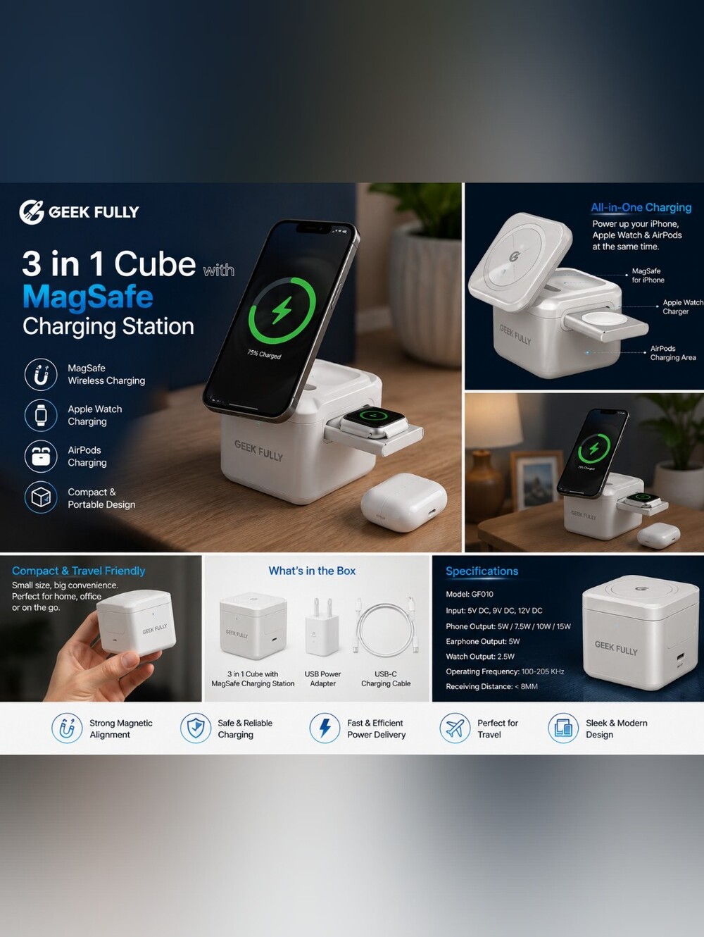 GEEK FULLY 3-in-1 Cube MagSafe Charging Station GF010 – NEW